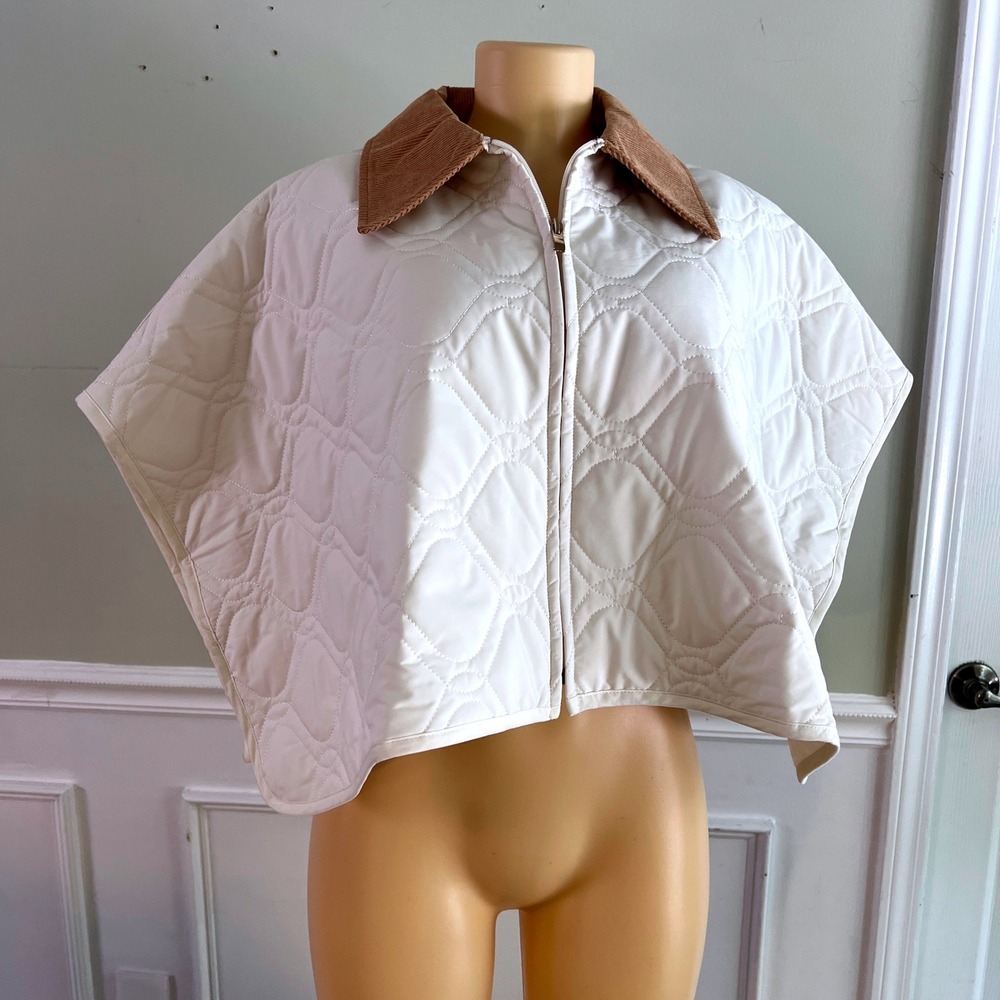 Ann Taylor Weekend Quilted Cape M/L Womens Corduroy Collar Zip Ivory Equestrian